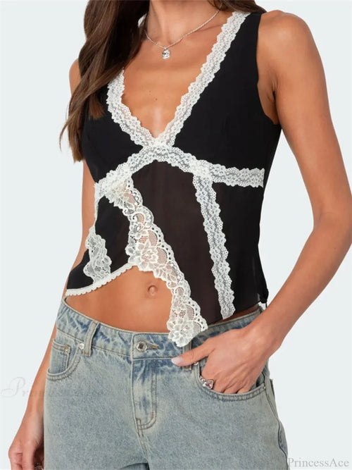 Asymmetrical Lace Trim Deep V-neck Slim Crop Top image 1