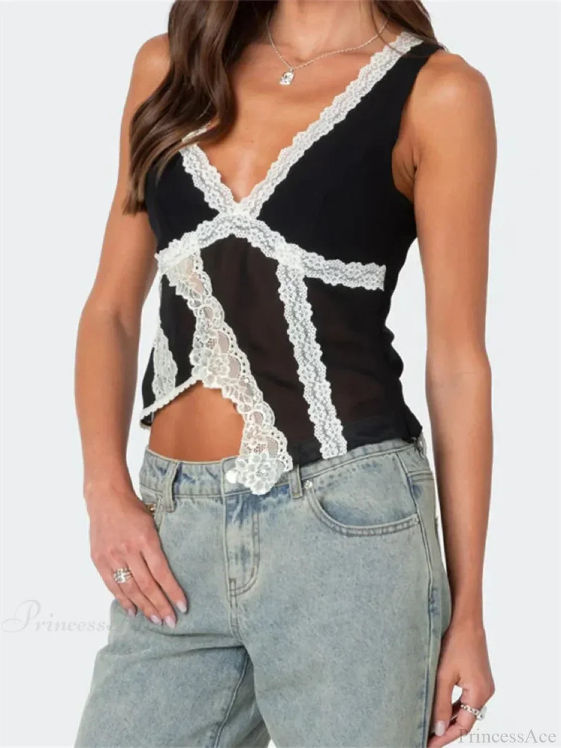 Asymmetrical Lace Trim Deep V-neck Slim Crop Top image 2
