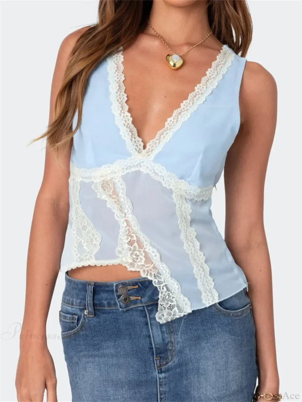 Asymmetrical Lace Trim Deep V-neck Slim Crop Top image 4