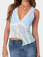 Asymmetrical Lace Trim Deep V-neck Slim Crop Top image 4