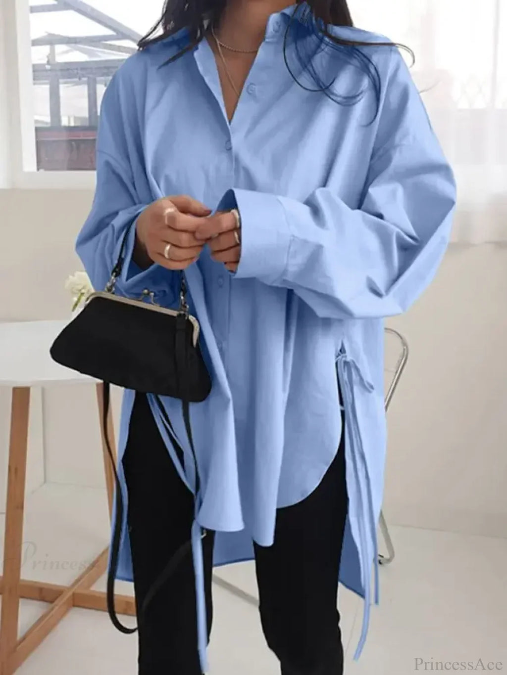 Asymmetrical Lace-Up Button Lapel Blouse image 1