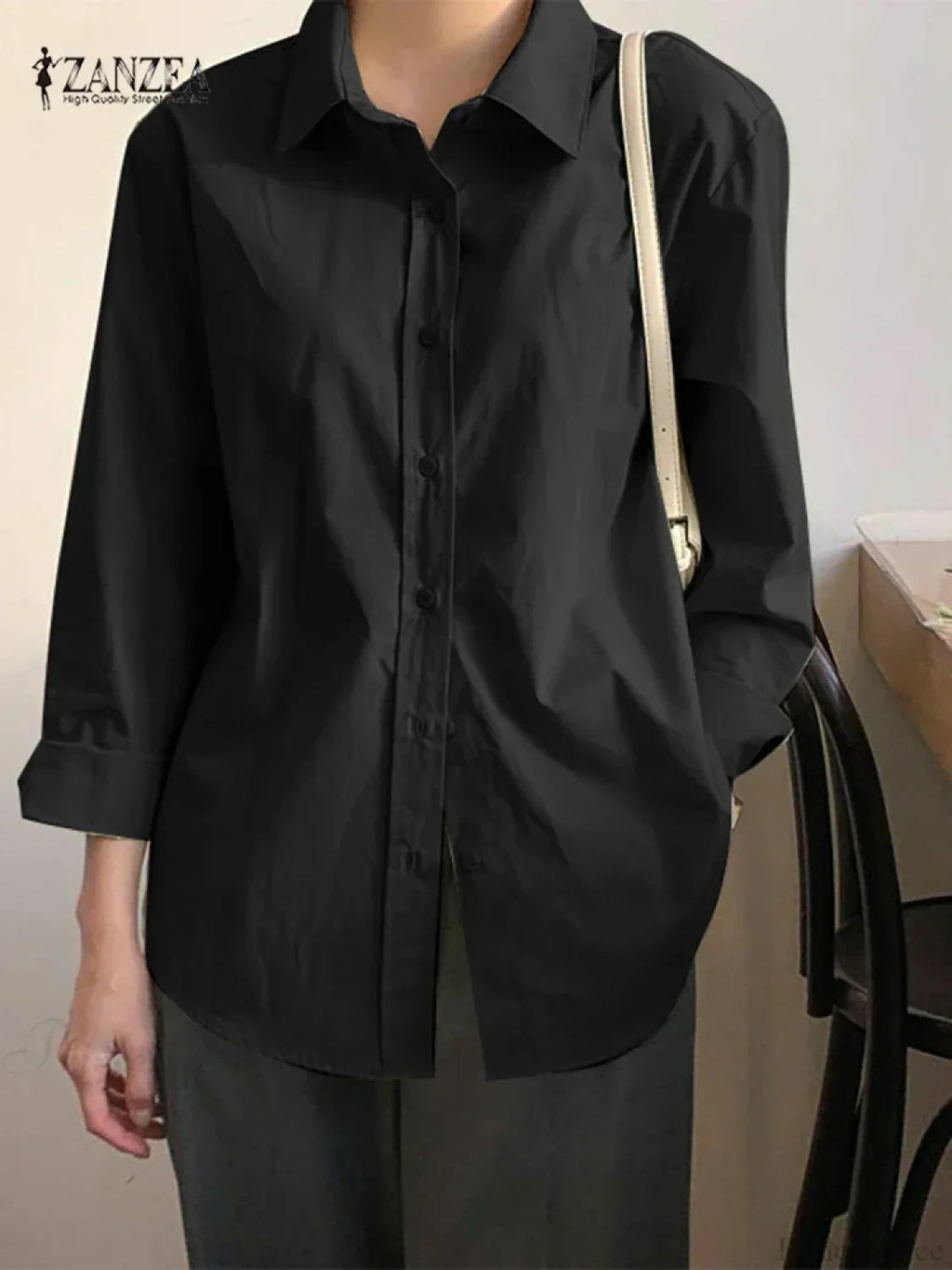Asymmetrical Lace-Up Button Lapel Blouse image 8