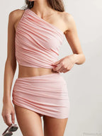 Asymmetrical Pleated Solid One Piece Swimsuit image 2