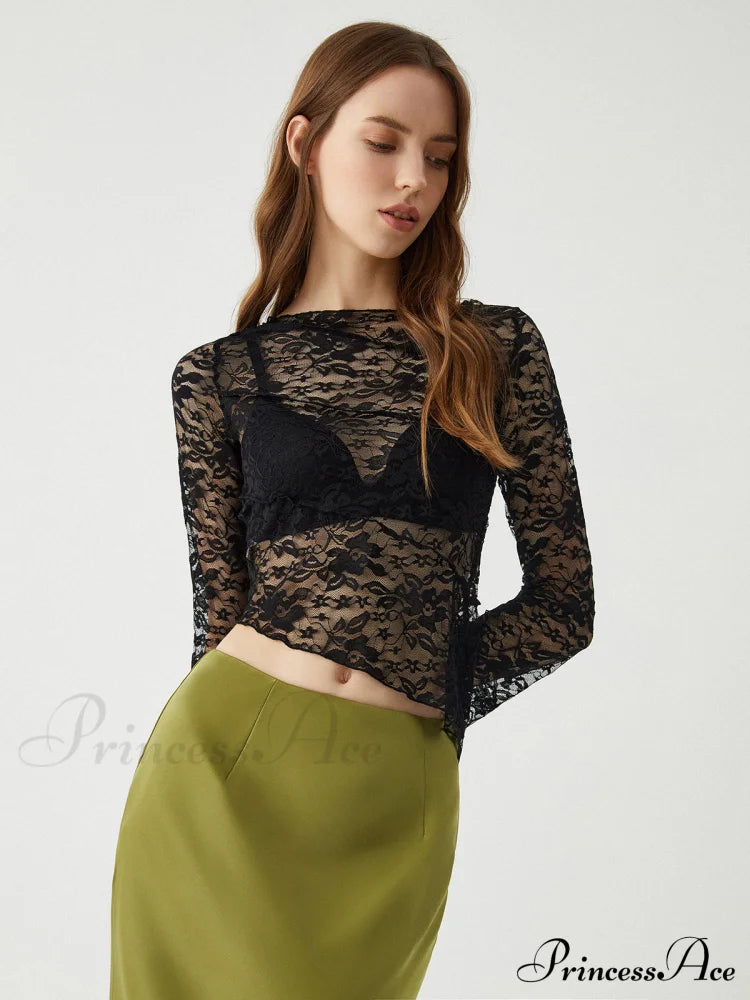 Asymmetrical Sheer Lace Trendy Long Sleeve Top image 1