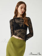 Asymmetrical Sheer Lace Trendy Long Sleeve Top image 1