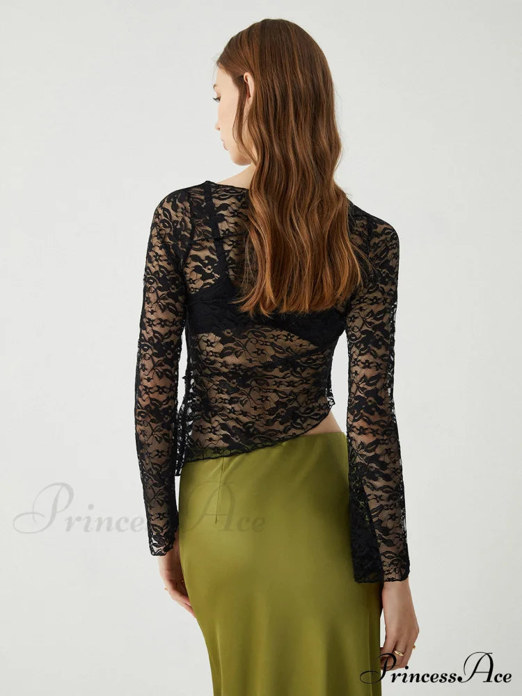 Asymmetrical Sheer Lace Trendy Long Sleeve Top image 5