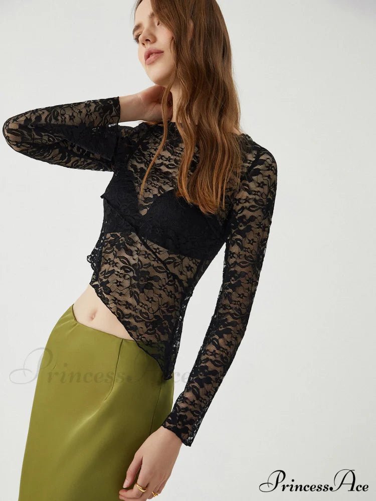 Asymmetrical Sheer Lace Trendy Long Sleeve Top image 3