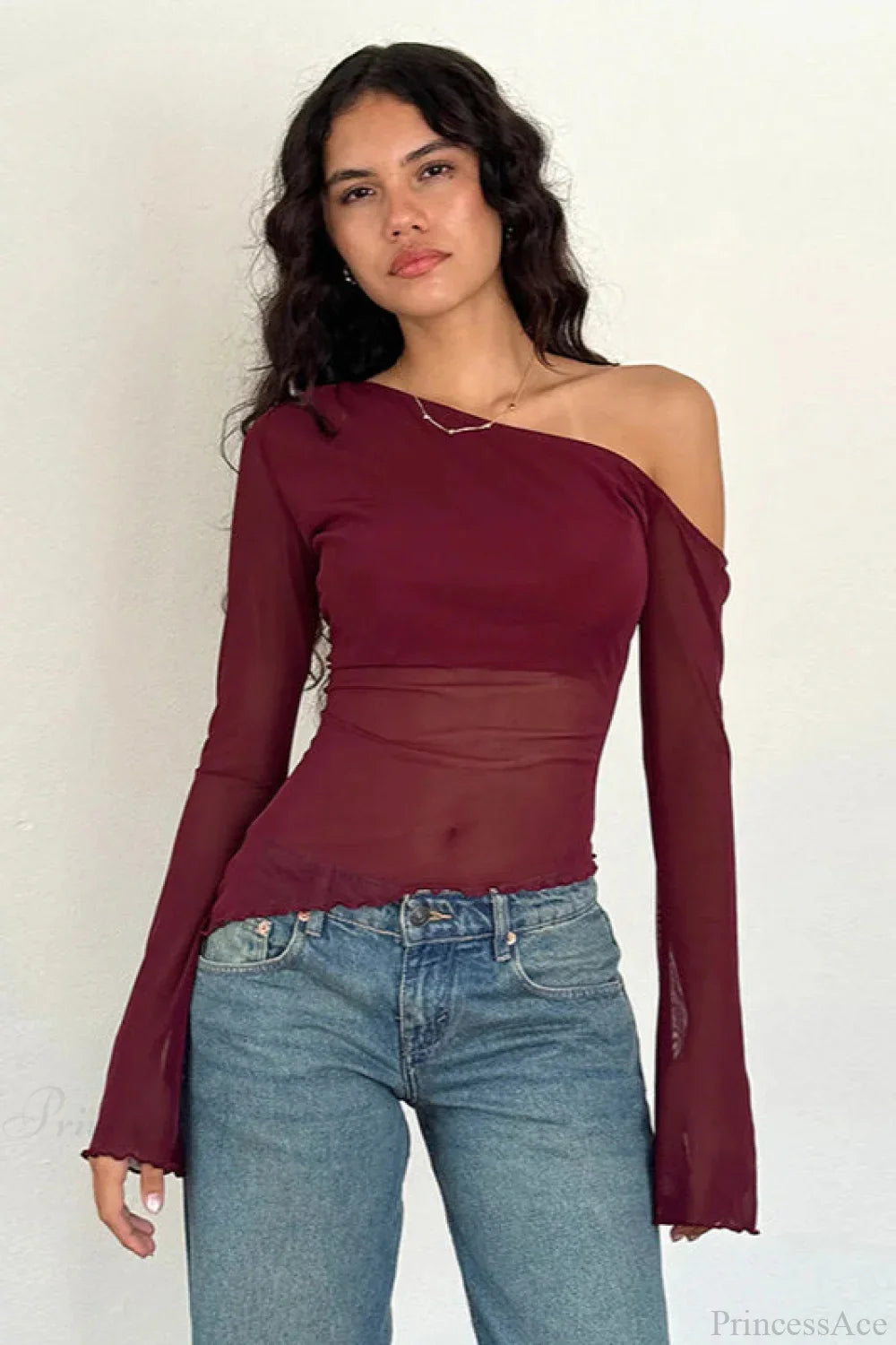 Asymmetrical Shoulder Mesh Off-Shoulder Long Sleeve Tee image 2
