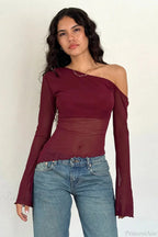 Asymmetrical Shoulder Mesh Off-Shoulder Long Sleeve Tee image 2