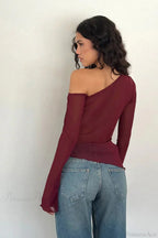Asymmetrical Shoulder Mesh Off-Shoulder Long Sleeve Tee image 3
