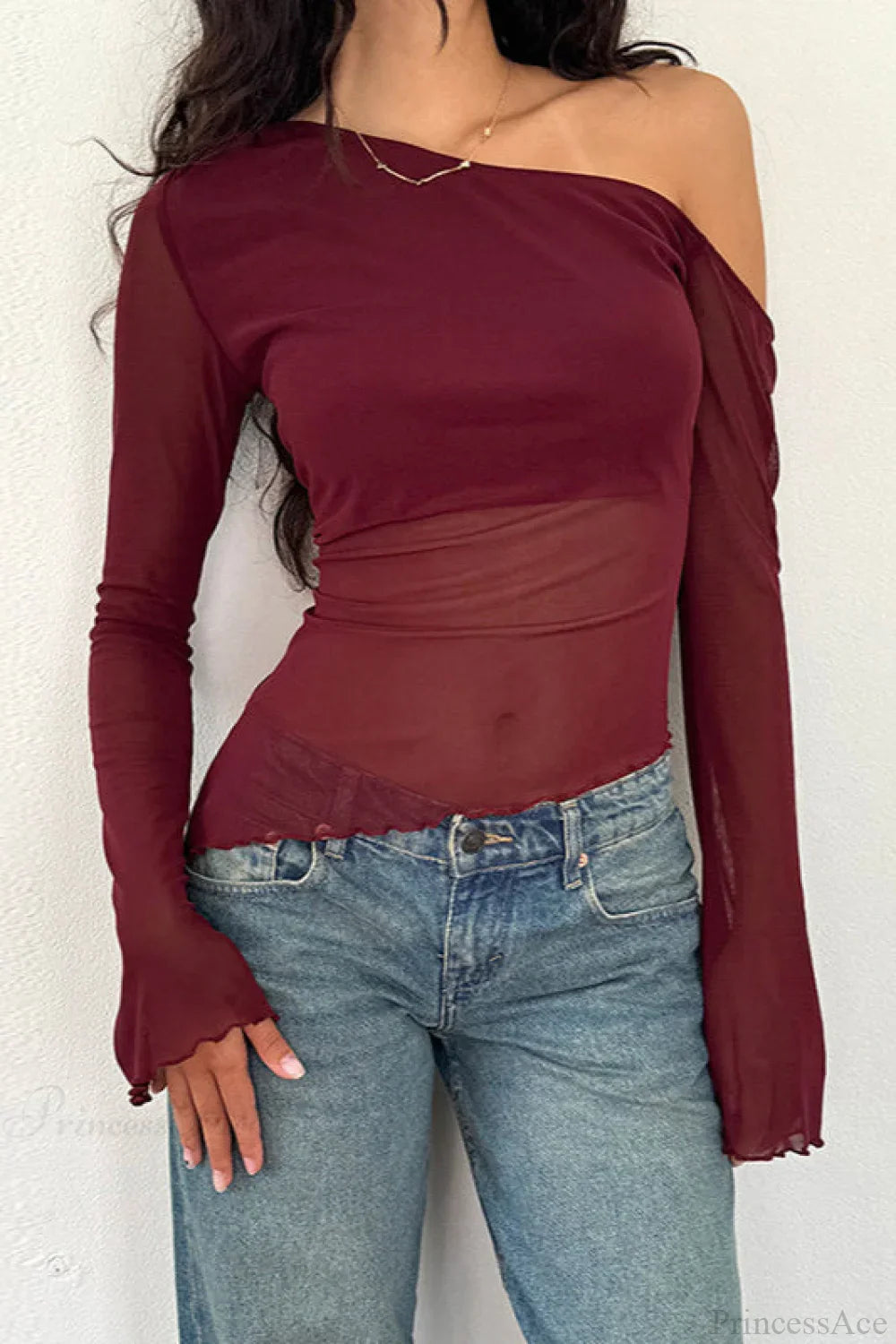 Asymmetrical Shoulder Mesh Off-Shoulder Long Sleeve Tee image 4