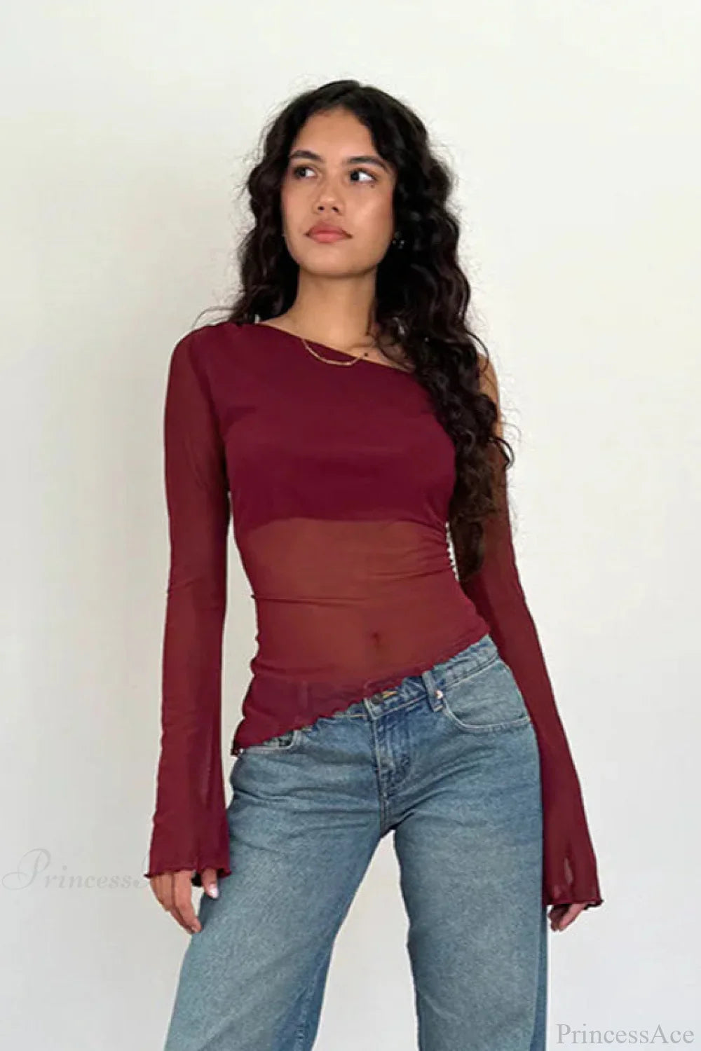 Asymmetrical Shoulder Mesh Off-Shoulder Long Sleeve Tee image 1