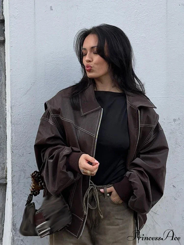 Autumn Leather Oversize Long Sleeve Turn-down Collar Fashion Casual Jacket image 5