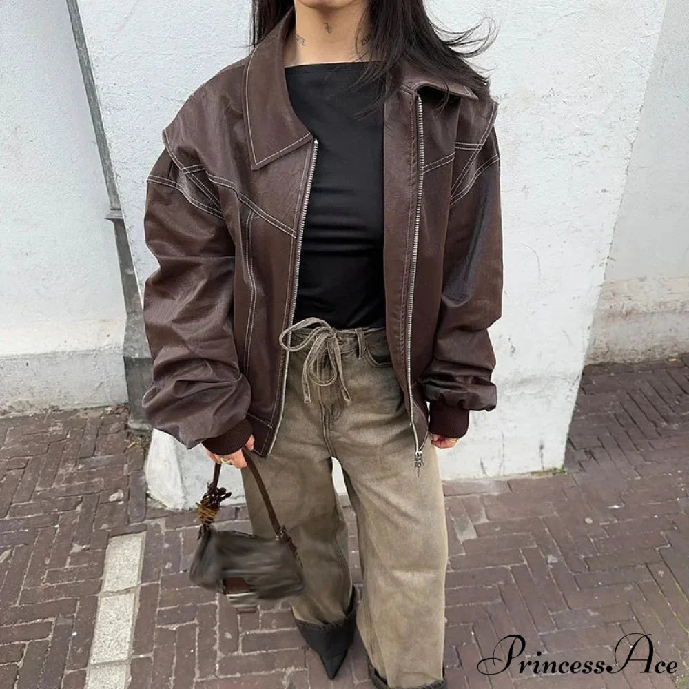 Autumn Leather Oversize Long Sleeve Turn-down Collar Fashion Casual Jacket image 8