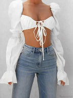 Autumn Puff Long Sleeve Square Neck Tie-up Blouse image 3