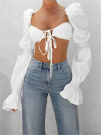Autumn Puff Long Sleeve Square Neck Tie-up Blouse image 2