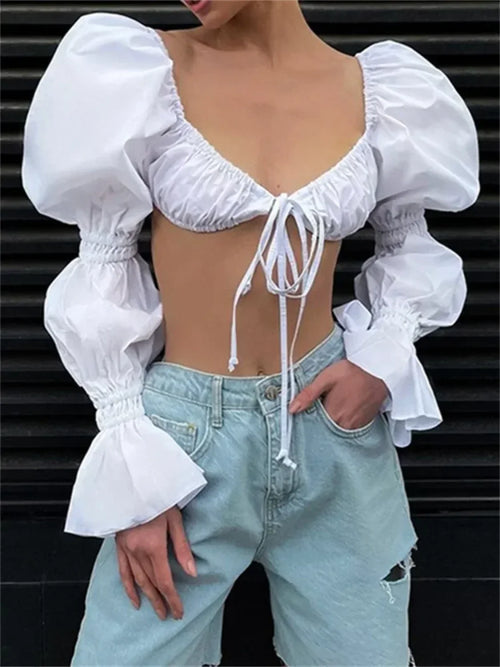 Autumn Puff Long Sleeve Square Neck Tie-up Blouse image 1