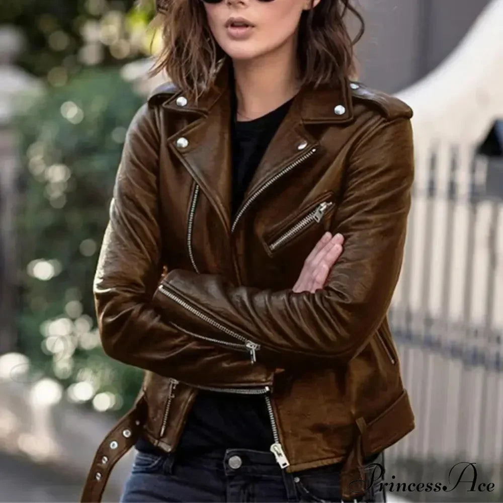 Autumn Short Solid Biker Thin Cool Faux Leather Jacket image 2