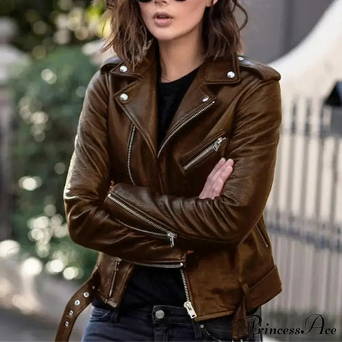 Autumn Short Solid Biker Thin Cool Faux Leather Jacket image 2