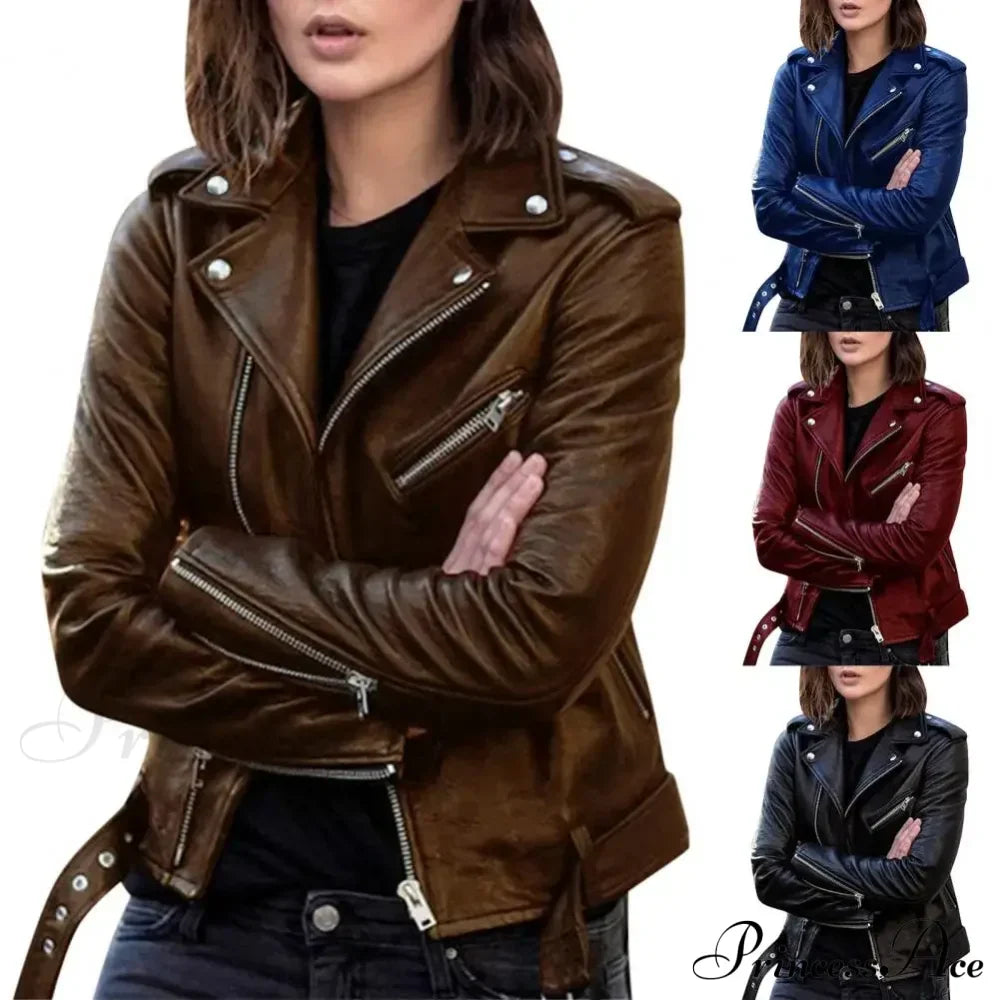 Autumn Short Solid Biker Thin Cool Faux Leather Jacket image 4