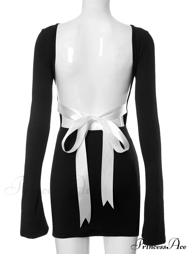 Autumn Slim Fit Backless Black Long Mini Dress image 6