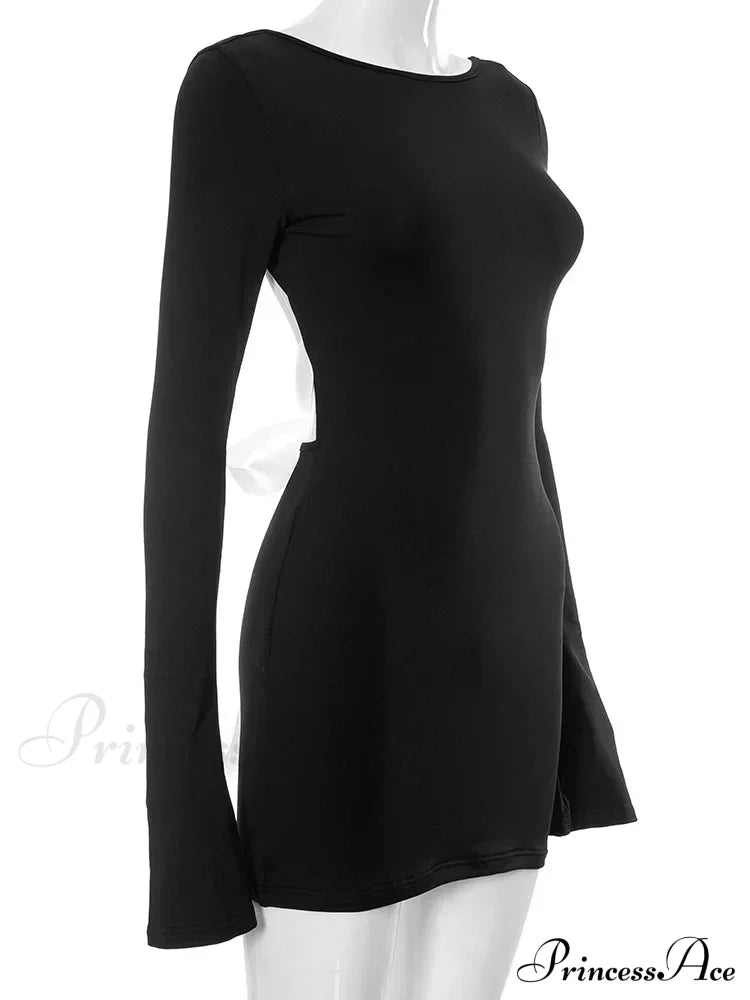 Autumn Slim Fit Backless Black Long Mini Dress image 5