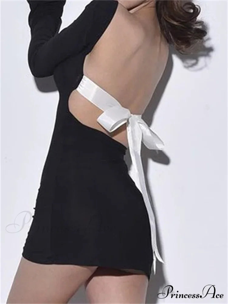 Autumn Slim Fit Backless Black Long Mini Dress image 3