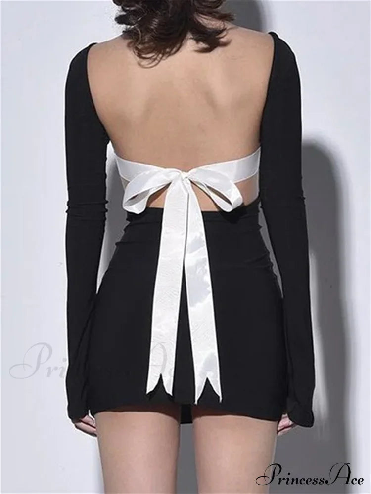 Autumn Slim Fit Backless Black Long Mini Dress image 2