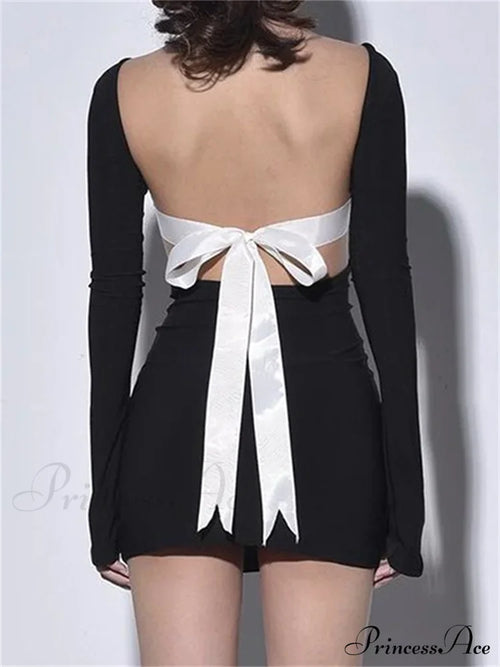 Autumn Slim Fit Backless Black Long Mini Dress image 2