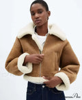 Autumn Vintage Faux Leather Cropped Warm Lapel Fleece Long Sleeve Stylish Coat image 7