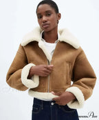 Autumn Vintage Faux Leather Cropped Warm Lapel Fleece Long Sleeve Stylish Coat image 7