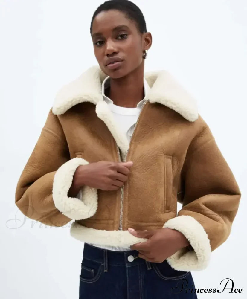 Autumn Vintage Faux Leather Cropped Warm Lapel Fleece Long Sleeve Stylish Coat image 7