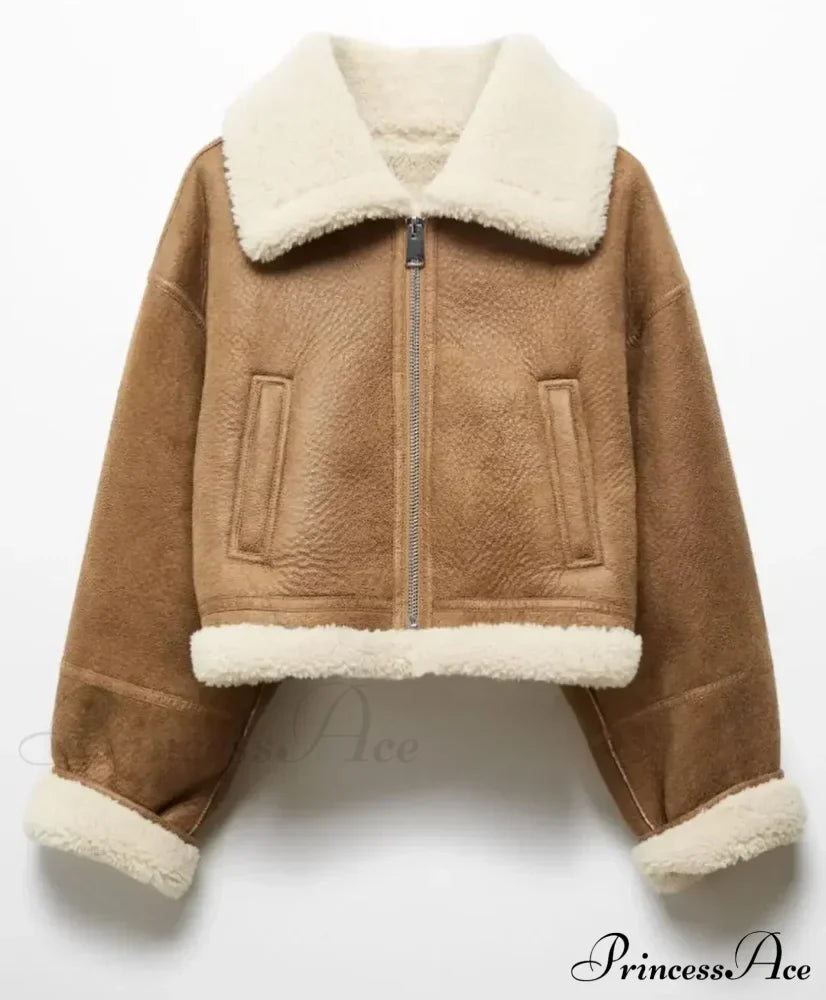 Autumn Vintage Faux Leather Cropped Warm Lapel Fleece Long Sleeve Stylish Coat image 6