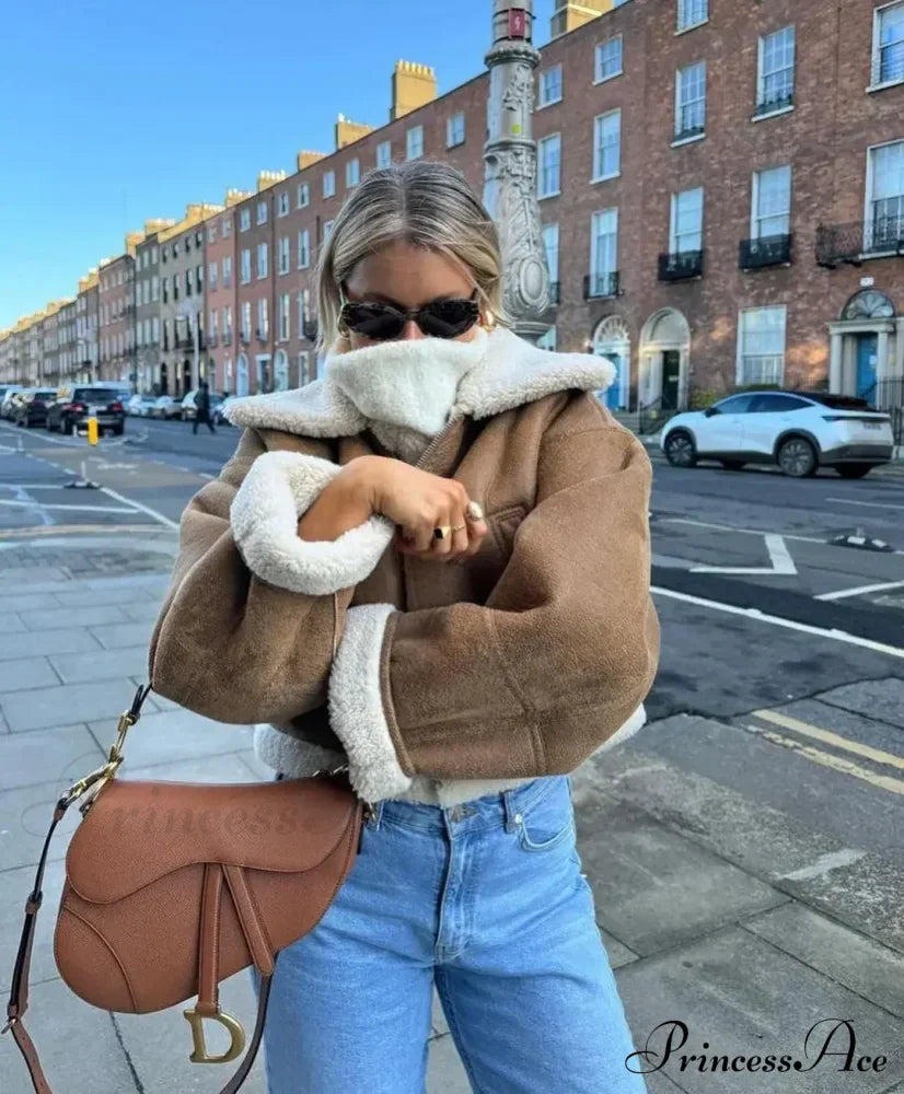 Autumn Vintage Faux Leather Cropped Warm Lapel Fleece Long Sleeve Stylish Coat image 2