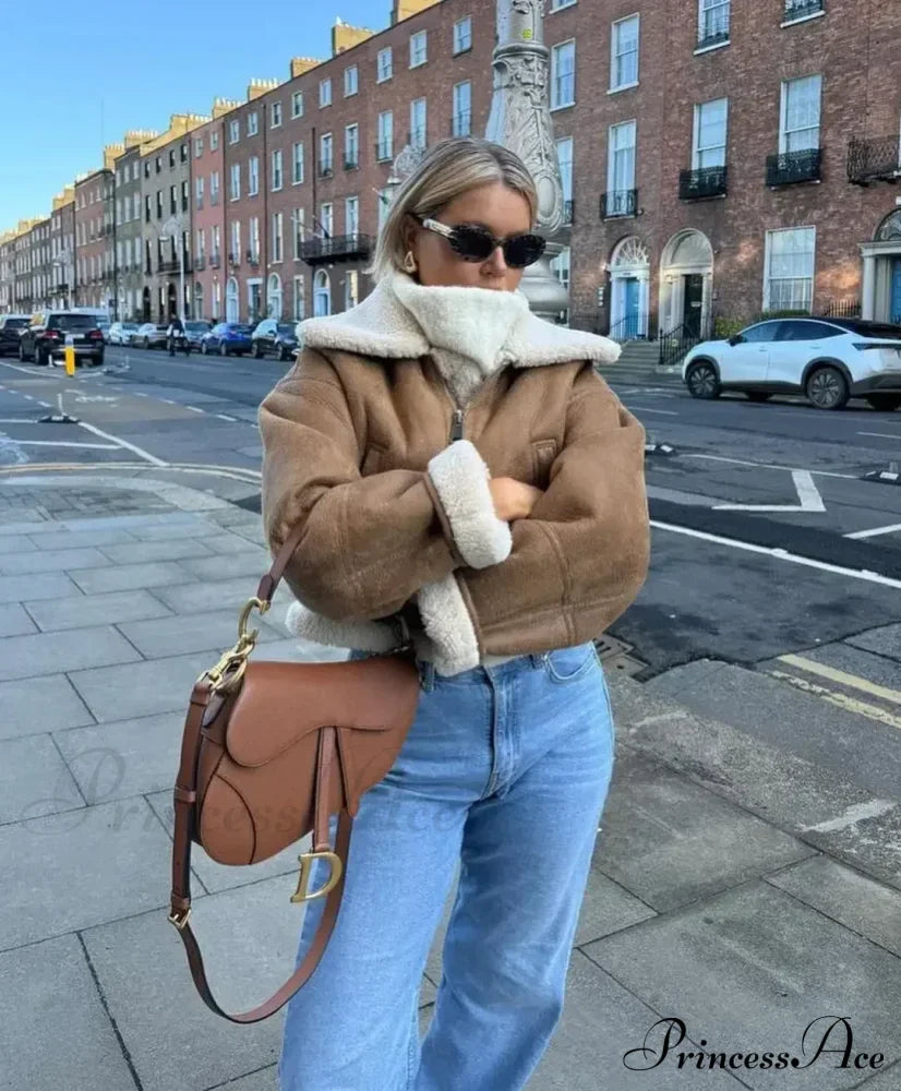 Autumn Vintage Faux Leather Cropped Warm Lapel Fleece Long Sleeve Stylish Coat image 4