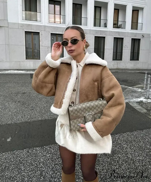 Autumn Vintage Faux Leather Cropped Warm Lapel Fleece Long Sleeve Stylish Coat image 1
