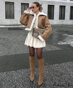 Autumn Vintage Faux Leather Cropped Warm Lapel Fleece Long Sleeve Stylish Coat image 5