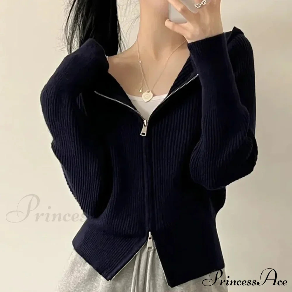 Autumn Winter Long Sleeve Short Loose Solid Knitted Zipper Cardigan image 7