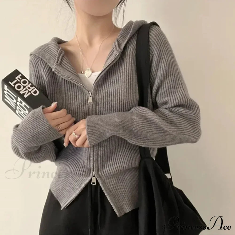 Autumn Winter Long Sleeve Short Loose Solid Knitted Zipper Cardigan image 3