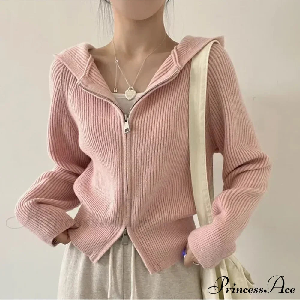Autumn Winter Long Sleeve Short Loose Solid Knitted Zipper Cardigan image 2