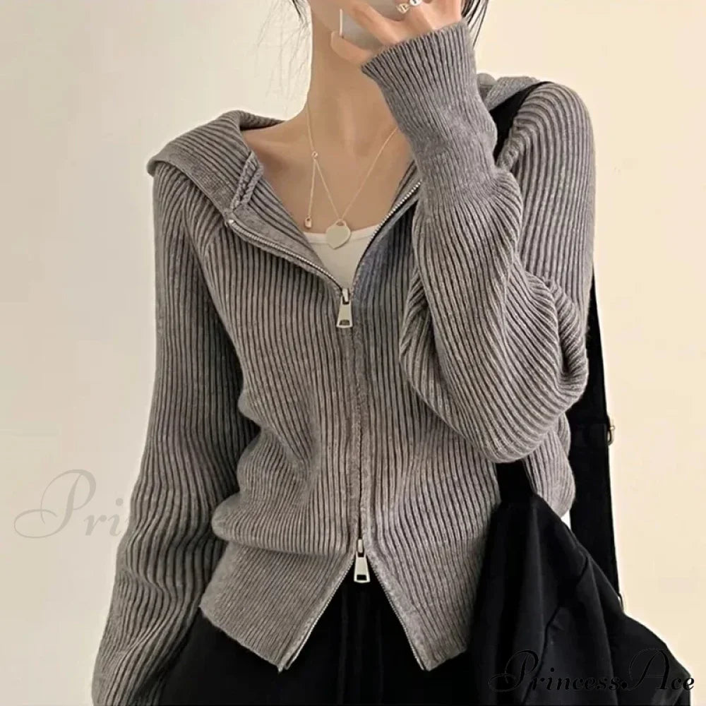 Autumn Winter Long Sleeve Short Loose Solid Knitted Zipper Cardigan image 1