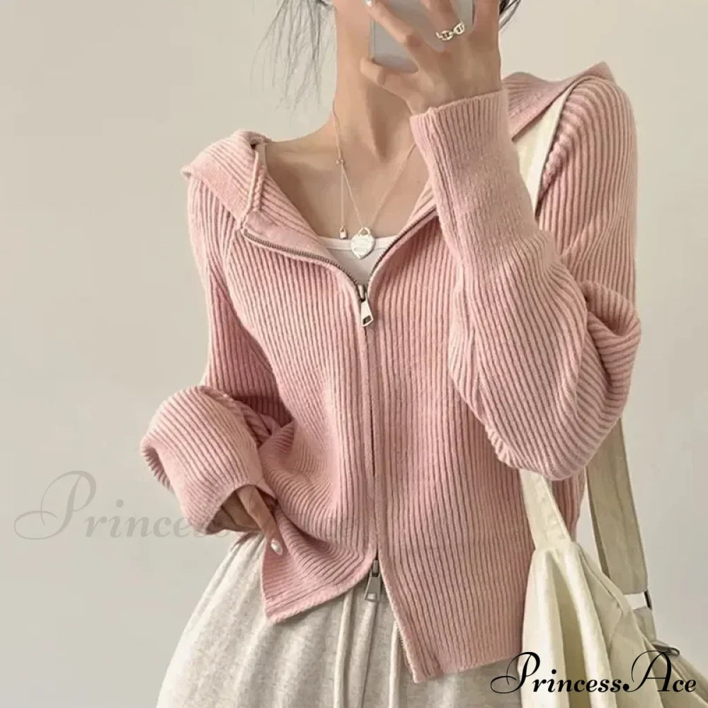 Autumn Winter Long Sleeve Short Loose Solid Knitted Zipper Cardigan image 4