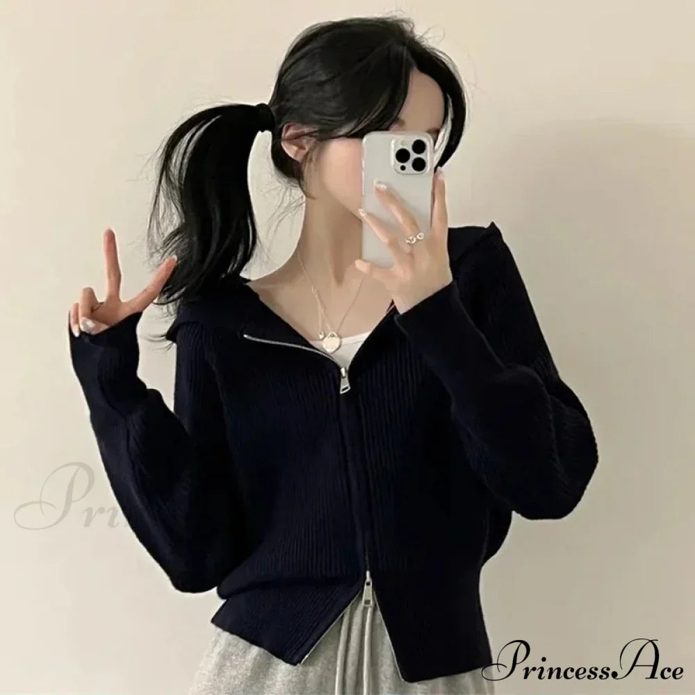 Autumn Winter Long Sleeve Short Loose Solid Knitted Zipper Cardigan image 5