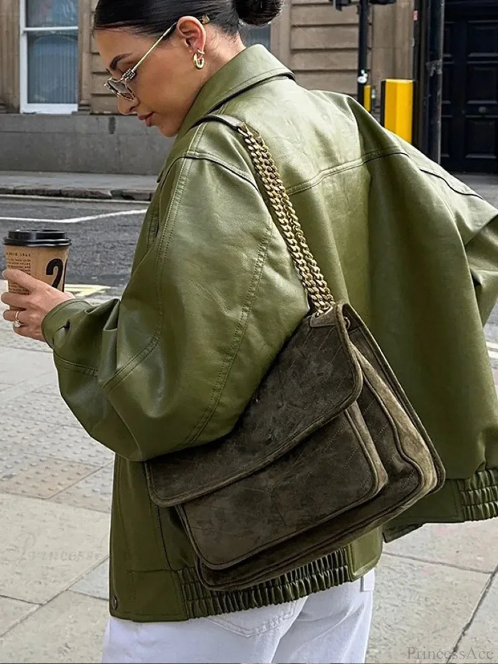 Avocado Green Single Breasted Leather Coat image 4