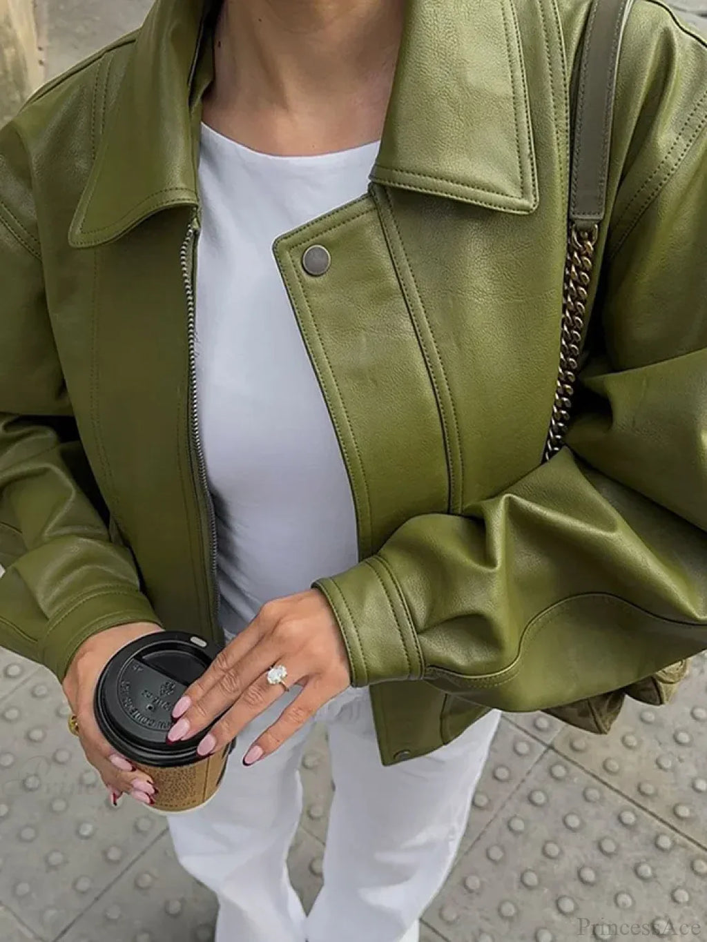 Avocado Green Single Breasted Leather Coat image 6