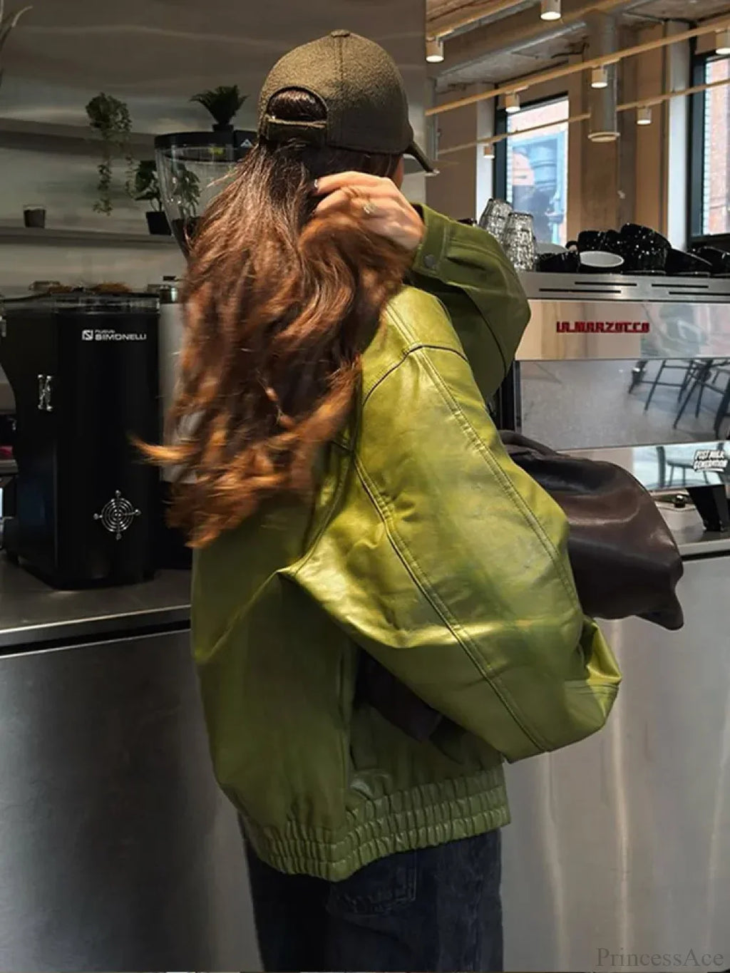 Avocado Green Single Breasted Leather Coat image 5