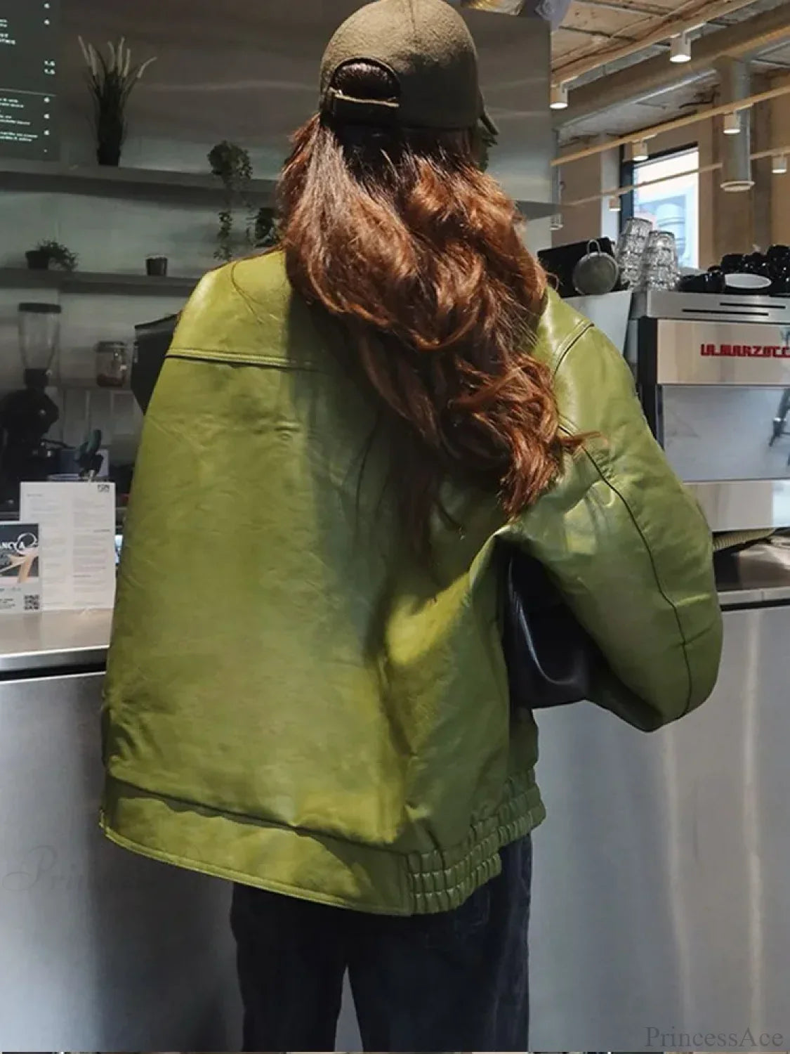 Avocado Green Single Breasted Leather Coat image 3