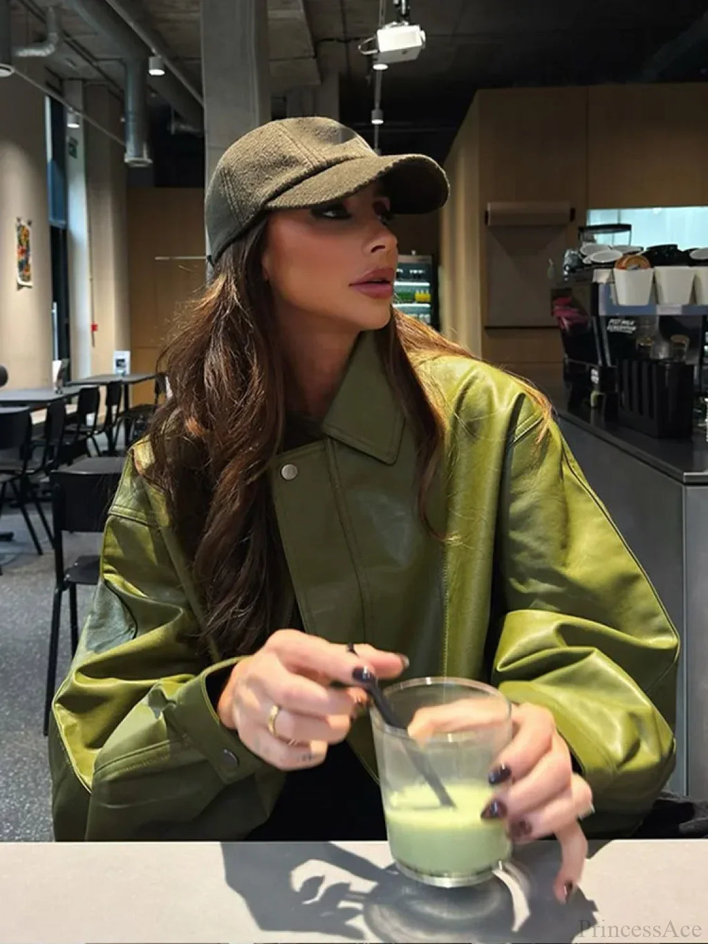Avocado Green Single Breasted Leather Coat image 1