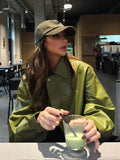 Avocado Green Single Breasted Leather Coat image 1