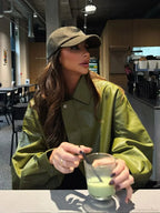 Avocado Green Single Breasted Leather Coat image 1